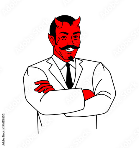 devil wearing a business suit with arms crossed. Powerful and confident mascot for corporate or gaming branding.