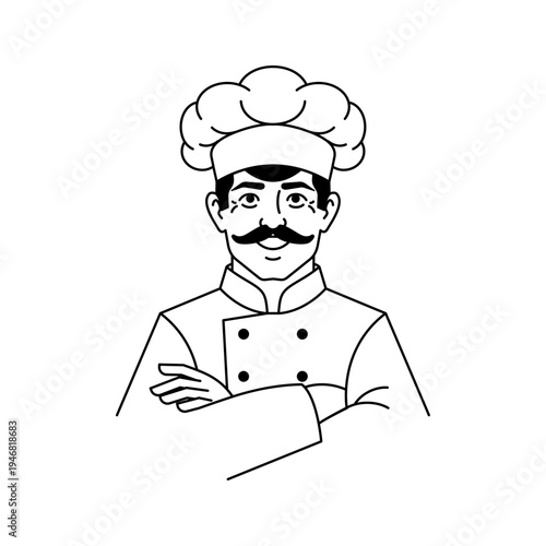 professional chef with a mustache and toque. Clean logo design for restaurant, culinary school, or catering service.