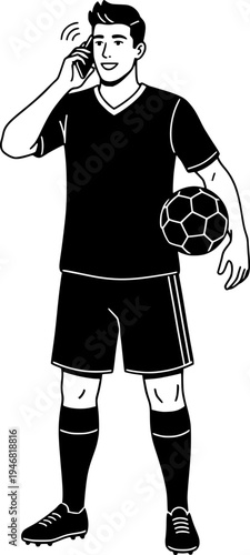 Soccer player talking on a smartphone while holding a football. Black and white vector illustration of a young athlete in uniform using a mobile phone. Sports communication concept.