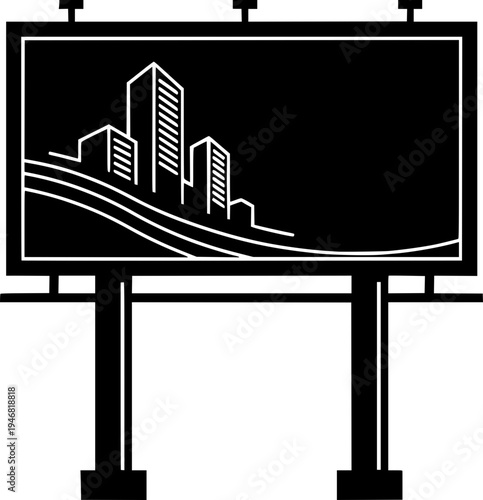 Outdoor billboard with city skyline illustration. Black and white vector of a large advertising sign board featuring urban buildings and highway lines. Marketing and real estate concept.