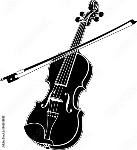 Classic violin with bow vector illustration. Black and white minimalist drawing of a string musical instrument. Elegant design for music schools, concerts, and artistic projects.