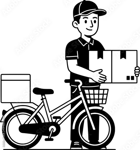 Delivery man with bicycle holding a cardboard box. Minimalist black and white vector illustration of a courier worker providing fast shipping service.