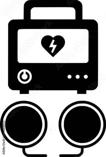 Automated external defibrillator (AED) icon. Black and white vector illustration of medical heart shock machine with paddles for emergency first aid and life saving.