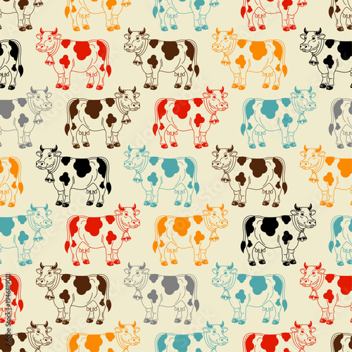 Seamless pattern colorful cow silhouettes in orange, blue, and red on a light background. Retro vintage style for farm-themed textile and decor.