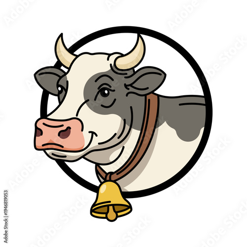 portrait of a cow's head inside a circular frame with a bell. Professional logo for dairy farm, organic milk, and meat products.