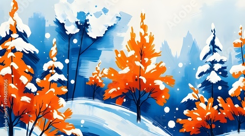 Abstract winter forest with bright orange trees and blue snowy landscape. Modern artistic illustration with strong color contrast and falling snow.