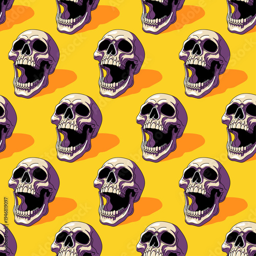 Seamless pattern with many yelling human skulls on a bright orange-yellow background. Energetic and spooky wallpaper for Halloween and party decor.