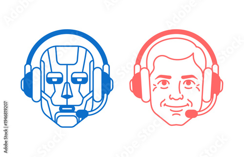 robot and a human male operator in headsets. Professional concept for call center, technical support, and AI customer service.