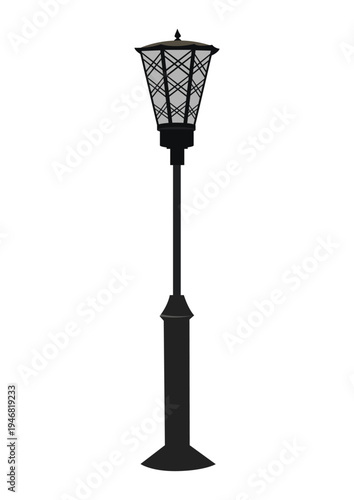 A vintage street lamp on a long pole. An urban landscape element. Hand-drawn vector illustration on a white background.
