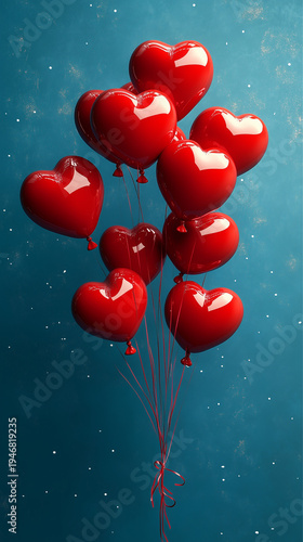 Red Heart-shaped Balloon Bouquet on Teal Textured Background, Valentine's Day Romantic Love Theme Visual