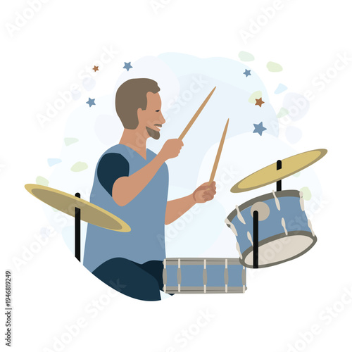 A happy drummer plays a solo on a drum kit against an abstract background with stars. Hand-drawn vector illustration in a simple style.