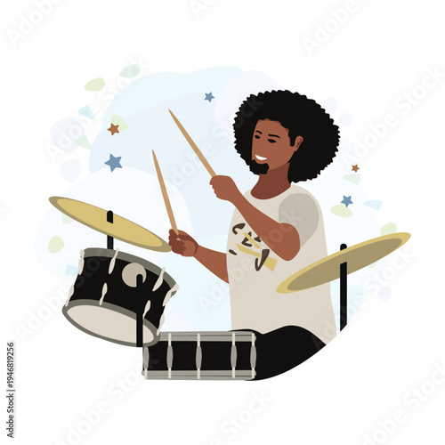 A happy black drummer plays a solo on a drum kit against an abstract background with stars. Hand-drawn vector illustration in a simple style.