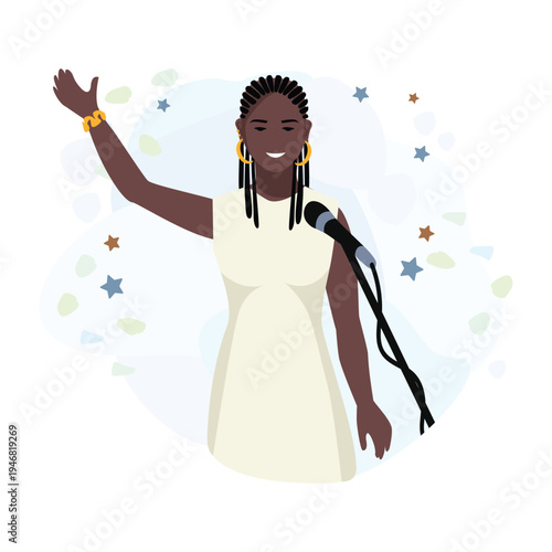 A beautiful and happy dark-skinned girl singing into a microphone against an abstract background with stars. Hand-drawn vector illustration of a singer in a simple style.