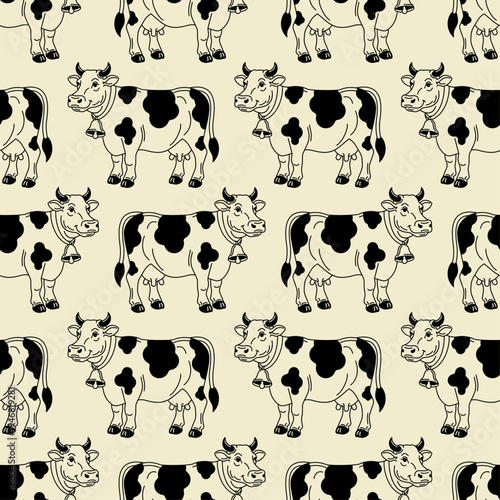 PrintSeamless pattern with silhouettes of cows and calves. Minimalist rural wallpaper for dairy farm branding and organic textile.