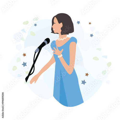 A beautiful and happy girl singing into a microphone against an abstract background with stars. Hand-drawn vector illustration of a singer in a simple style.