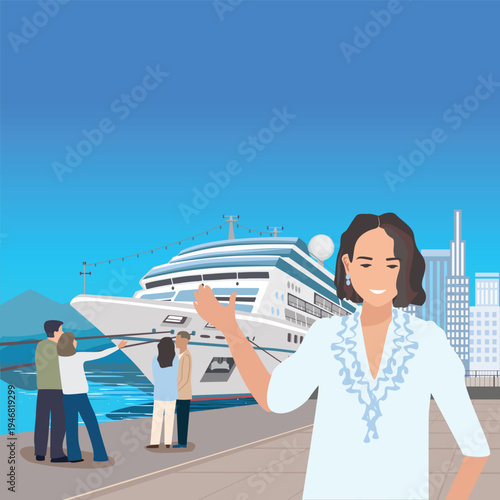 Friendly woman pointing at a white cruise liner moored at the pier. Summer vacation and travel. Hand-drawn vector illustration of a port city.
