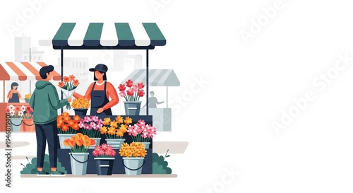Woman selling flowers at street market stall with city background and copy space, digital art illustration metaphor for small business and daily life