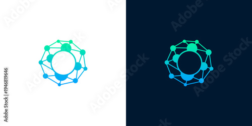 Abstract network technology symbol with connecting nodes and a circular structure, representing digital connections and data transfer