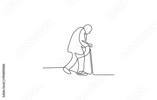 Continuous line drawing of an elderly man walking with a cane.