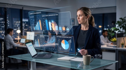 A professional woman analyzing digital graphs and data insights in a modern office at night, surrounded by colleagues