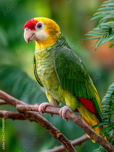 Vibrant tropical parrot with bright red, yellow, and green feathers perched delicately on a natural branch amidst lush green foliage background
