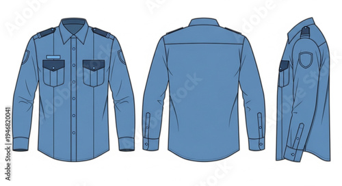 Blue Long-Sleeved Uniform Shirt - Front, Back, and Side Views.