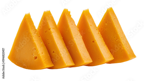 Konstfotografi Isolated tasty orange cheddar cheese wedges cut and neatly aligned for a gourmet