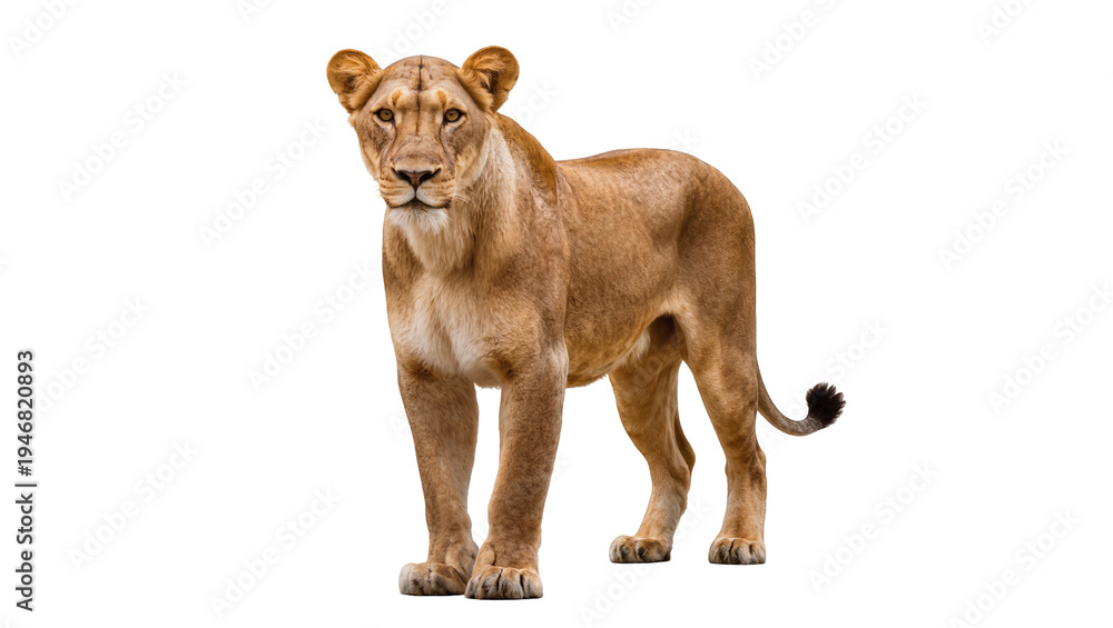 Obraz premium Isolated proud powerful adult female lioness standing looking forward with alert eyes