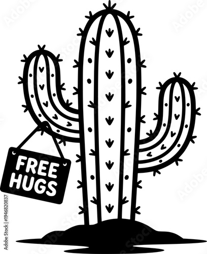 Funny cactus plant with free hugs sign vector illustration black and white
