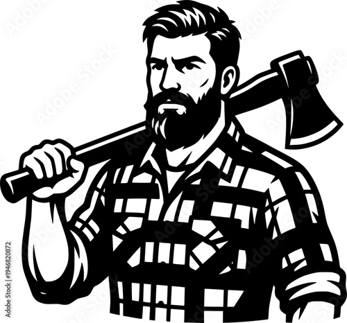 Bearded Lumberjack Dad Axe Flannel Shirt Rugged Masculine Vector Black White Illustration Outdoor Woodsman Father Aesthetic Strong Man Design Graphic Resource Hipster Contemporary Style