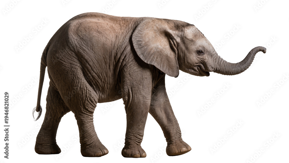Obraz premium Isolated baby elephant calf walking, a sweet young African mammal with wrinkled skin