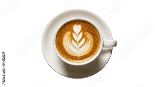 Фотография Isolated top view of a delicious hot latte coffee with beautiful heart and leaf