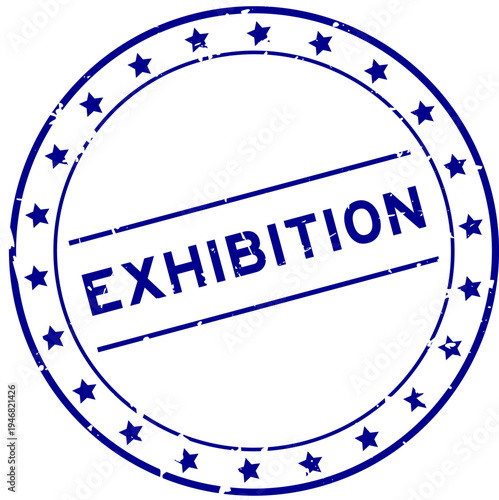 Grunge blue exhibition word round rubber seal stamp on white background