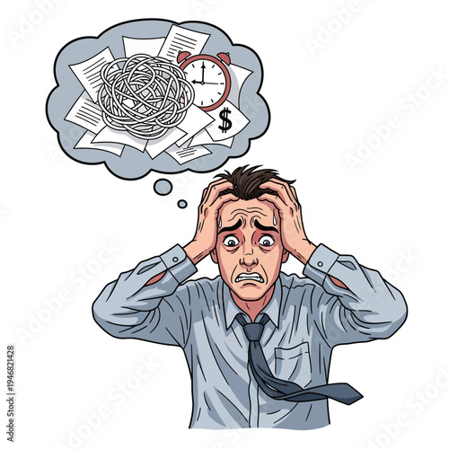 Stressed businessman overwhelmed by a chaotic pile of documents and a ticking clock, symbolizing work pressure and deadlines