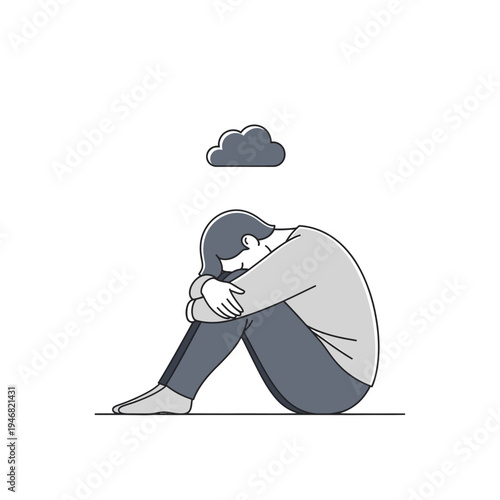 Illustration depicting a person feeling sad, lonely, and in distress, with a dark cloud hanging overhead