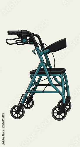 Modern Teal Mobility Walker Design With Integrated Seating, For Healthcare And Daily Support