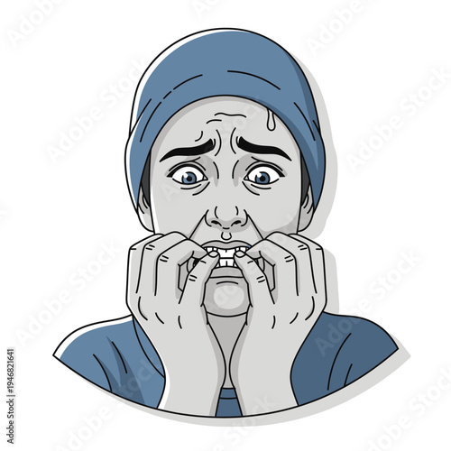 Vector illustration of a person gripped by intense anxiety and stress, nervously biting their fingernails, vividly depicting fear, worry, and emotional distress