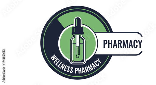 Modern Wellness Pharmacy Logo Design Featuring Dropper Bottle, Green and Black Colors