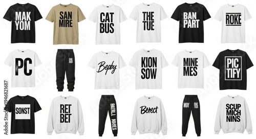Collection of graphic tees and sweatpants featuring various text-based designs, showcasing a range of casual wear with bold typography.