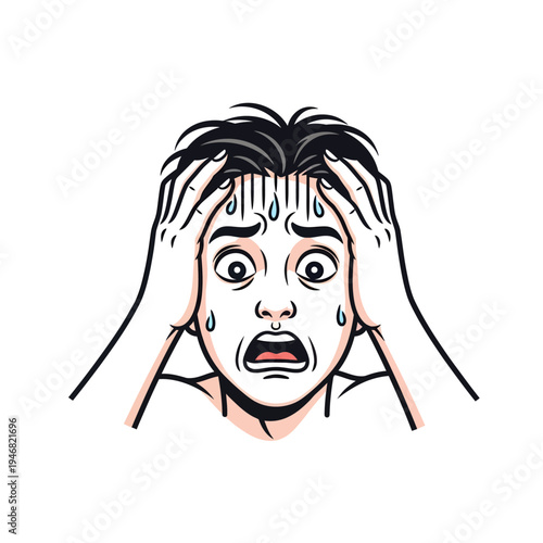 Graphic portrayal of a highly anxious individual in distress, clutching their head with wide eyes, symbolizing overwhelming stress, fear, and panic in a moment of crisis