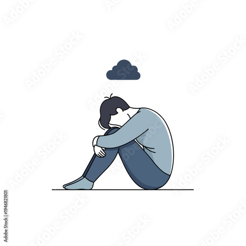 Sad person with a cloud overhead, symbolizing depression and loneliness