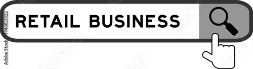 Search banner in word retail business with hand over magnifier icon on white background