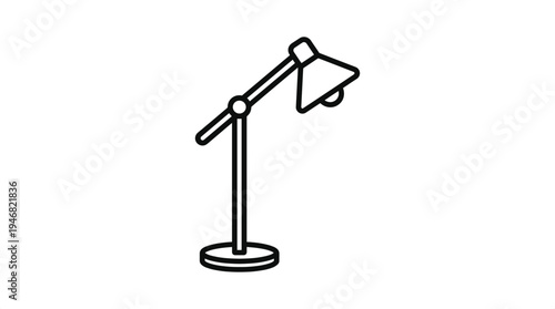 A simple black line icon of an adjustable desk lamp. This minimalist vector graphic is perfect for modern design, office, study, and creative idea concepts.
