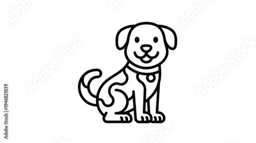 A simple black line art icon of a happy, spotted dog sitting. This cute and friendly puppy vector is perfect for a logo, pet care brand, vet clinic, or animal shelter design.