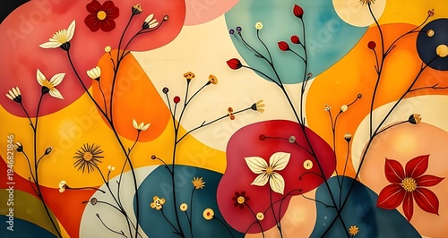 Abstract colorful floral composition with organic shapes and delicate botanical elements. Modern artistic background with vibrant colors and minimalist plant forms.