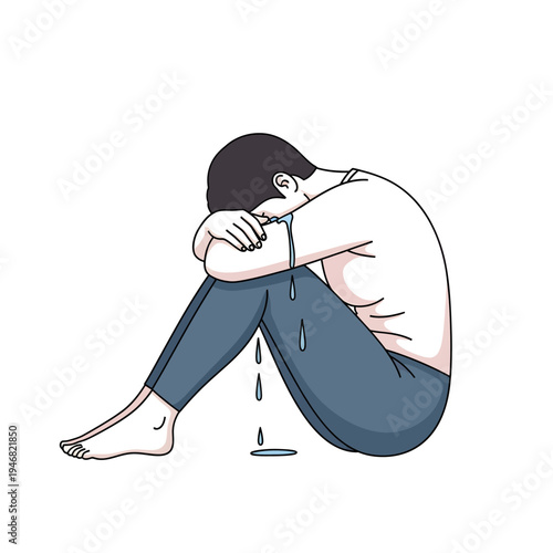 A lone individual sits curled up, head bowed, and tears streaming down their face, symbolizing sadness and despair