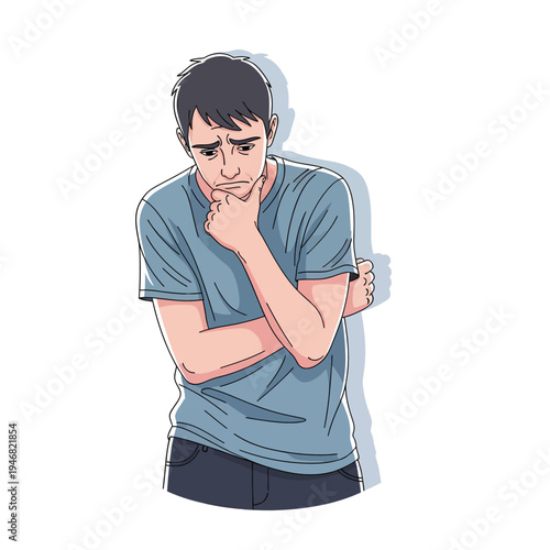 Illustration of a young man in a blue t-shirt with his hand on his chin, appearing thoughtful or concerned, with a subtle shadow behind him