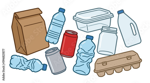 A vector illustration set of common recyclable household waste items. Includes plastic, paper, glass, and metal for environmental, sorting, and sustainability concepts.
