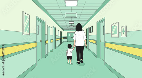 Mother And Child Walking In A Hospital Corridor, Hand In Hand, Going Forward