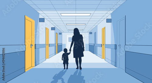 Mother And Child Walking In A Hospital Corridor Towards The Light And Hope